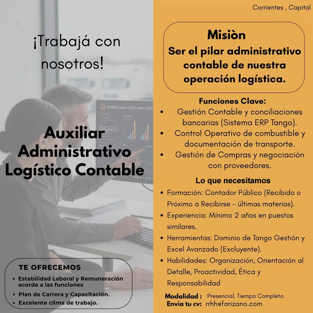 tneaar's tweet image. ⚫🟠 #CorrientesCapital #AUXILIAR #ADMINISTRATIVO #LOGÍSTICO #CONTABLE 

👉Para postularte, envía tu CV: 📧rrhh@farizano.com incluir el siguiente asunto en tu correo: &quot;Auxiliar Administrativo Logístico Contable - Corrientes&quot;

#TNEA #Corrientes #empleoar #trabajoar