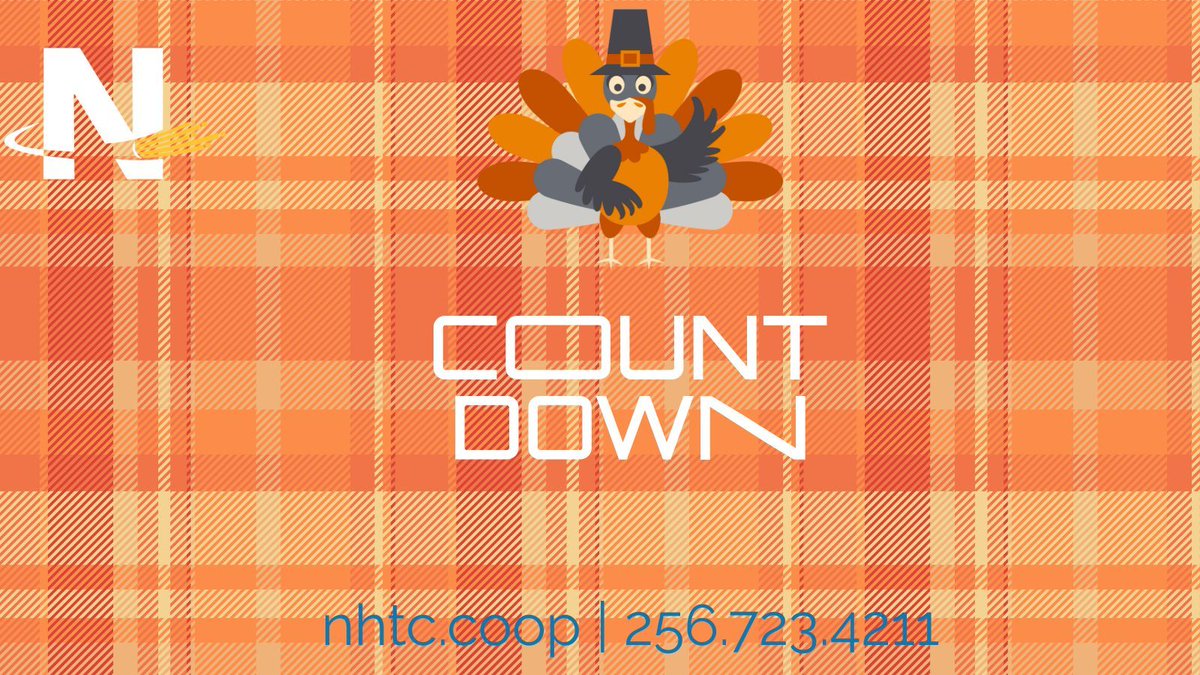 NHTCoop's tweet image. ⏰The countdown to Thanksgiving is ON! NHTC will be closed Thurs and Fri, Nov 27-28 to celebrate. Normal hours resume Dec 1.

Service issues: ☎️256-723-4219 (24/7 Network Operations Center).

#NHTCFiber #NewHopeAL #GrantAL #OwensCrossRoadsAL #HamptonCoveAL #GurleyAL