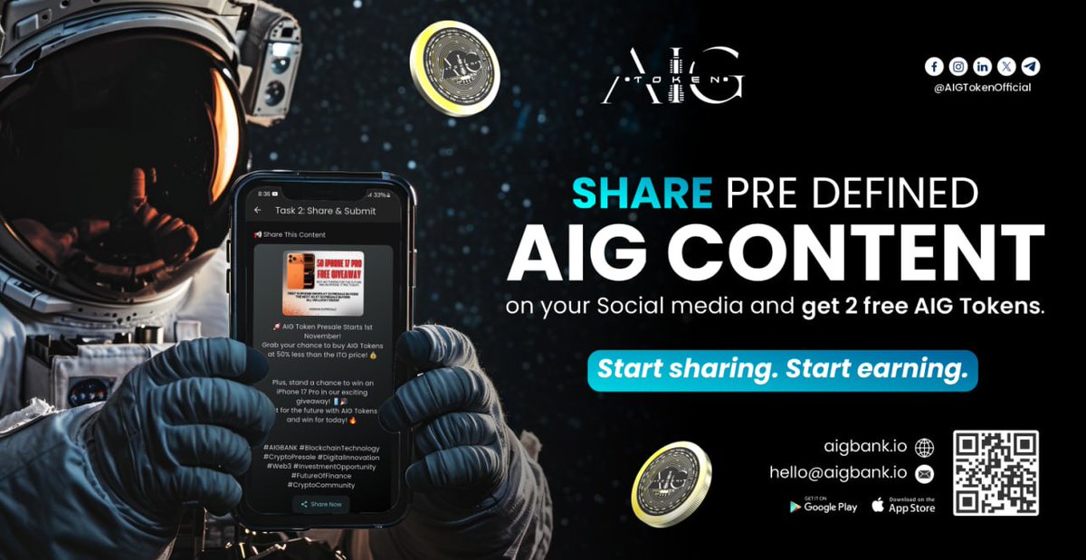 Share the predefined AIG Token content on your social media and get 2 Free AIG Tokens! 🤩
Make sure your post is visible to your friends and public so it counts! 🌐

Start sharing. Start earning with AIG 🚀

Follow us -
👉🏻X 👉🏻Instagram 👉🏻Linkedln 👉🏻 Facebook 👉🏻Youtube
