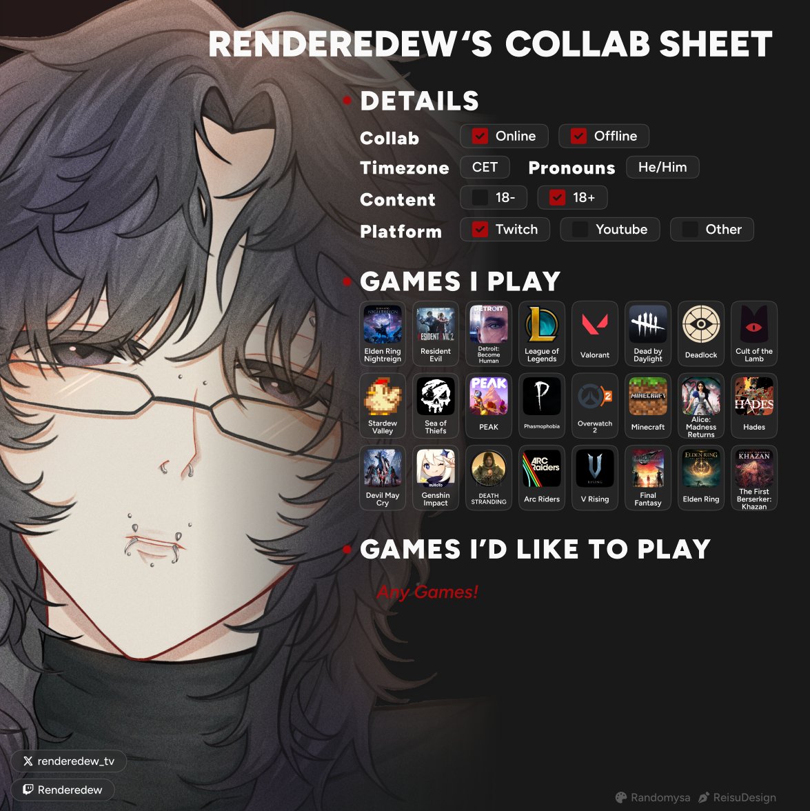 renderedew_tv's tweet image. ⛧﹐VTuber Collab Sheet﹗﹑

Hewoo ;3 Jestem Renderedew ─ profesjonalny wrzeszczący gremlin. ૮ ྀིᴗ͈ . ᴗ͈ ྀིა

Jeśli jesteś chętny/a na collab, wspólne gierki albo po prostu porozmawiać - DM jest zawsze otwarty! 
Let’s make something cursed but iconic together ;&amp;gt;
#PLVtuber