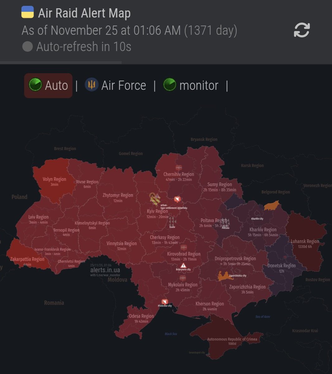 Didn’t take long. Cruise missiles are already flying across Ukraine, drones too. Kyiv region is under ballistic attack.

Several russian MiGs carrying Kinzhal hypersonic missiles are in the air.
Air-raid alerts across the entire country.

Europe sleeps, we bleed. Nothing changes