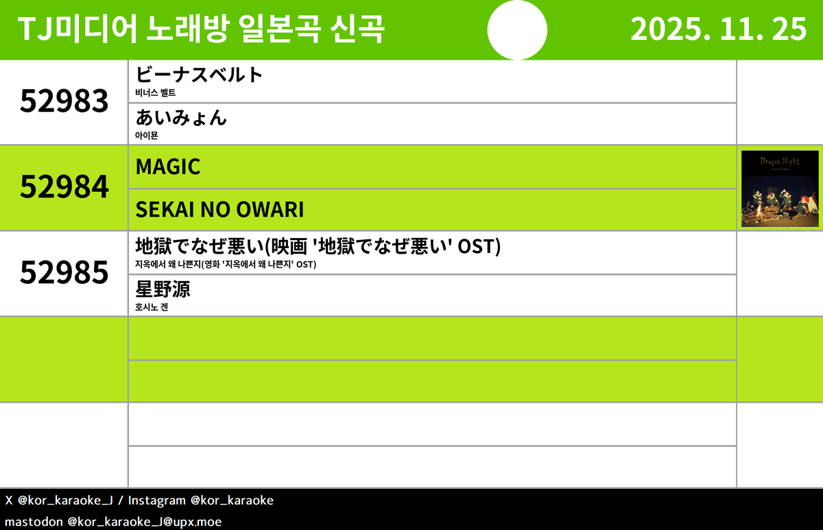 대한민국 노래방 일본곡 신곡 알림 (TJ,금영) (@kor_karaoke_J) / Posts / X