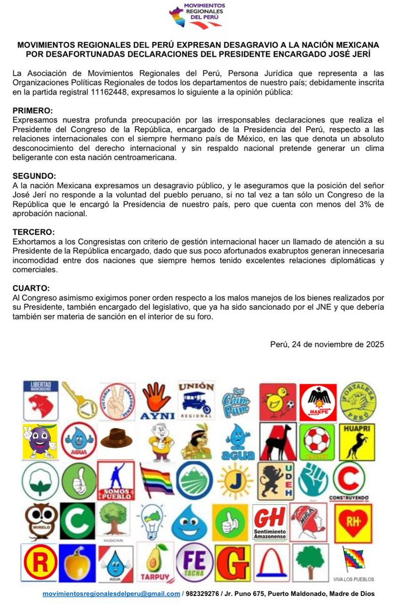 MovRegionales's tweet image. Movimientos Regionales expresan desagravio a nación Mexicana por desafortunadas declaraciones de Presidente Encargado .@josejeriore 
@RPPNoticias @exitosape @larepublica_pe @elcomercio_peru @rmapalacios @ensustrece @CNNEE @TelevisaTVmx @Azteca @gobiernodemexi1