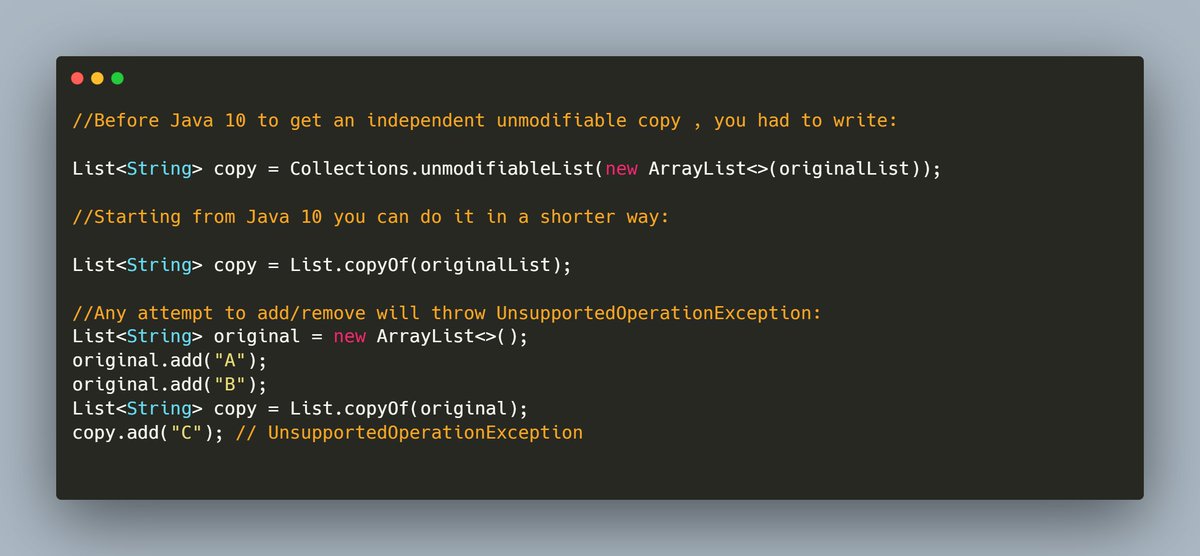 mario_casari's tweet image. 💡Java tip: Use List.copyOf(list) for a safe, unmodifiable copy, while avoiding accidental changes.  #Java #JavaDev