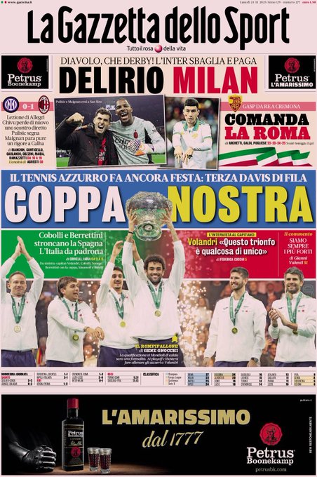 Front Page La Gazzetta dello Sport, Monday 24 November 2025
