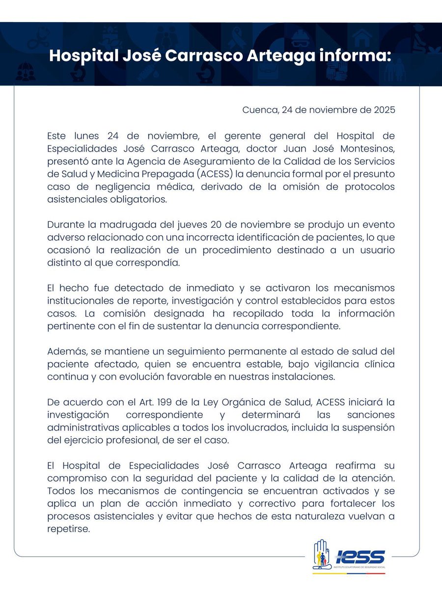 🥼Los doctores y los involucrados en la negligencia médica presentada en el hospital del #IESS en #Cuenca podrían ser suspendidos del ejercicio profesional, de ser el caso, según da a conocer en un comunicado el #IESS. 
Acciones tomadas en presunto caso de negligencia médica ⬇️