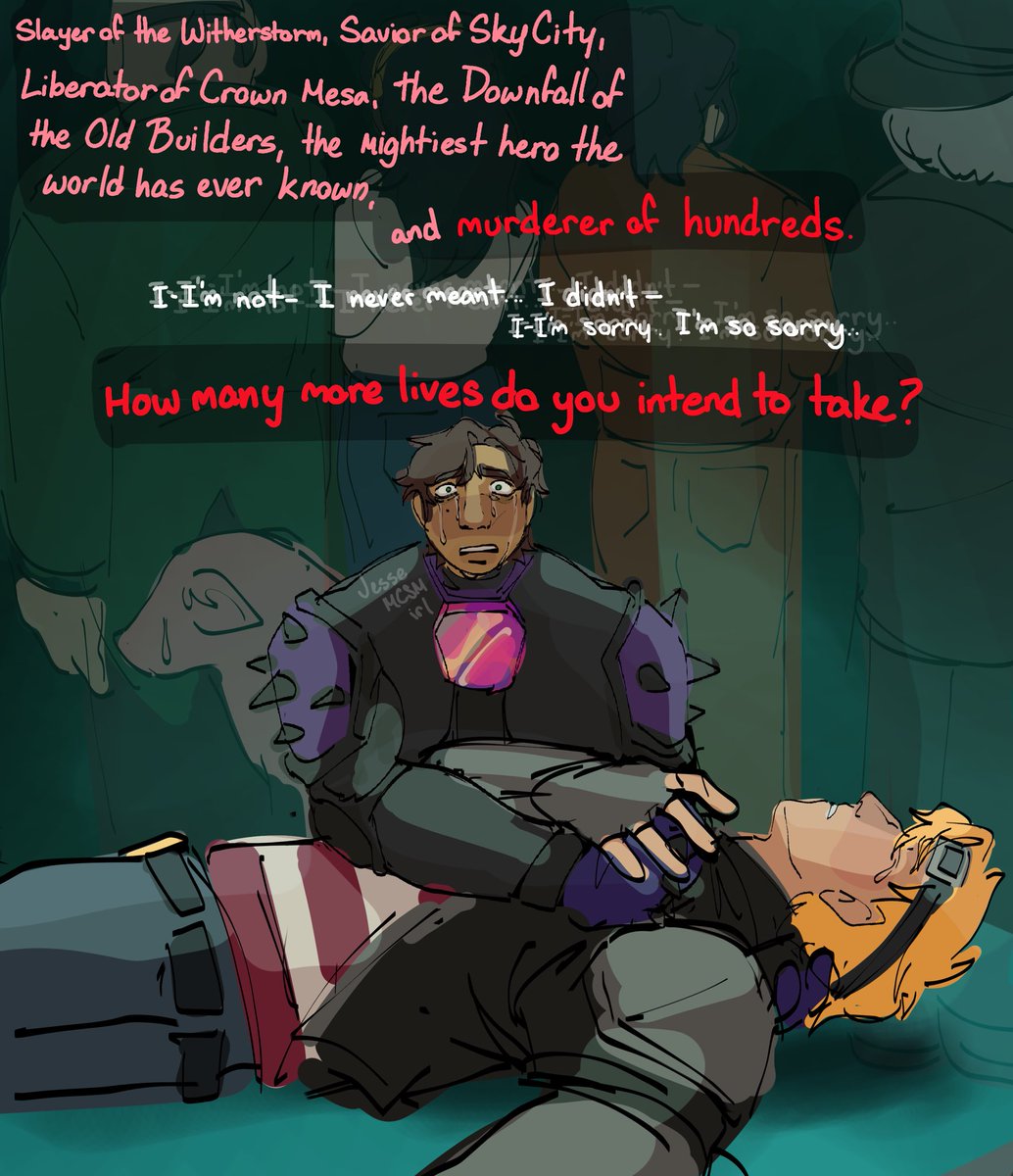 JesseMCSMirl's tweet image. What kind of ‘hero’ am I?
I took your armor, I couldn’t protect you, I couldn’t save you, I let all of you die and it’s all my fault.

Am I so selfish I *pretend* to shield you all from harms way? 

I’m always the last one left standing.

*I* did this to all of you.

#MCSM