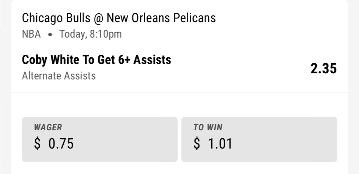🏀 NBA 🏀

🌟Coby White 6+ Assists, 2.35 (0.75u)

Pelicans have allowed the 6th most assists per game. Coby has hit this in all three games he’s played this season. 

#NBA #GamblingX