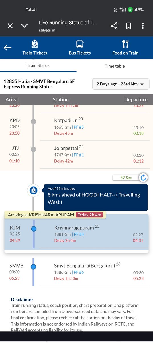 SmruthiP's tweet photo. Dear @IRCTCofficial @RailMinIndia,

Train 12835 Hatia–SMVT Bengaluru SF Express is delayed by more than 2 hours, and passengers, including senior citizens and children, have been waiting since 3 AM without any proper communication or support. https://t.co/KQZQ5SqRL8