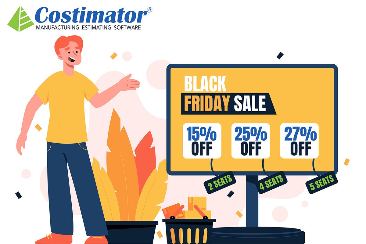 MTI Systems has a great Black Friday week long special worth checking out.
Get Costimator Estimating Software for Manufacturing at a big discount!
Get 15% Off for 2 Seats
Get 25% Off for 4 Seats
Get 27% Off for 5 Seats
Get a Free Demo: mtisystems.com/get-demo.html