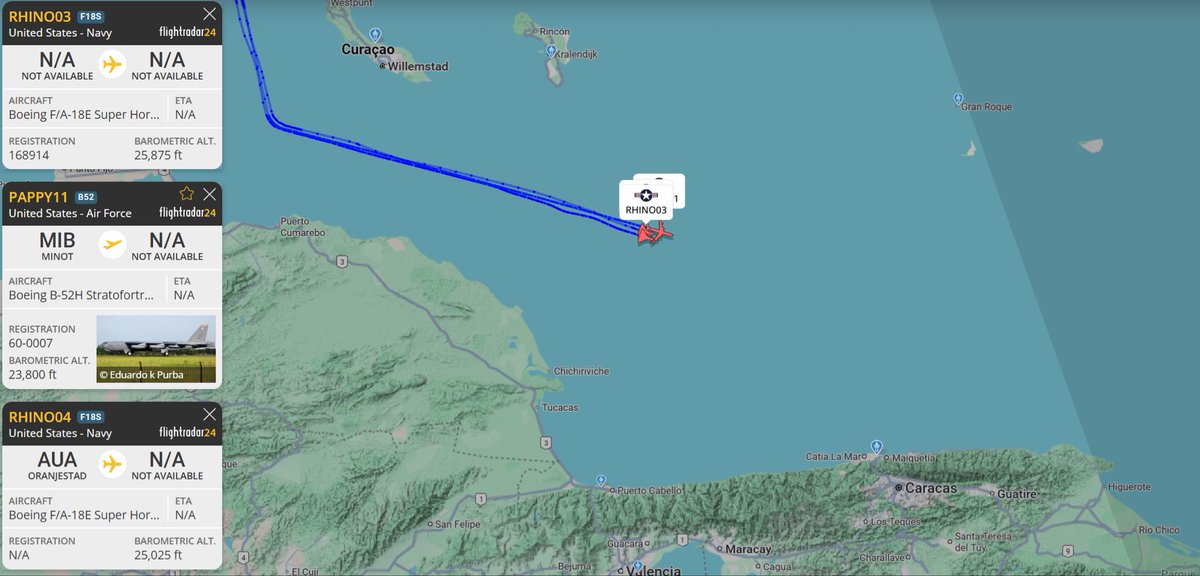 DanielBlancoPaz's tweet image. The United States has likely established aerial superiority over Venezuela and the Caribbean, with probing manoeuvres and airspace incursions being executed without prohibitive interference. Tracking by
@FaytuksNetwork