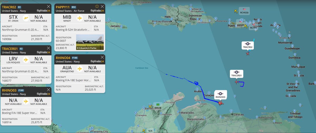 DanielBlancoPaz's tweet image. The United States has likely established aerial superiority over Venezuela and the Caribbean, with probing manoeuvres and airspace incursions being executed without prohibitive interference. Tracking by
@FaytuksNetwork
