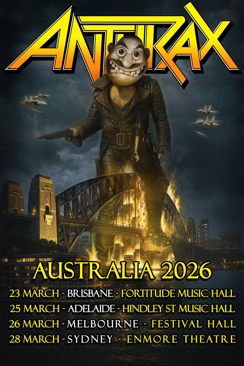 Anthrax's tweet image. 🦘We’re heading back to Australia in March 2026 for four shows — Brisbane, Adelaide, Melbourne, and Sydney!  we can’t wait to bring the noise down under 🇦🇺
Tickets go on sale this Friday - ANTHRAX.COM
