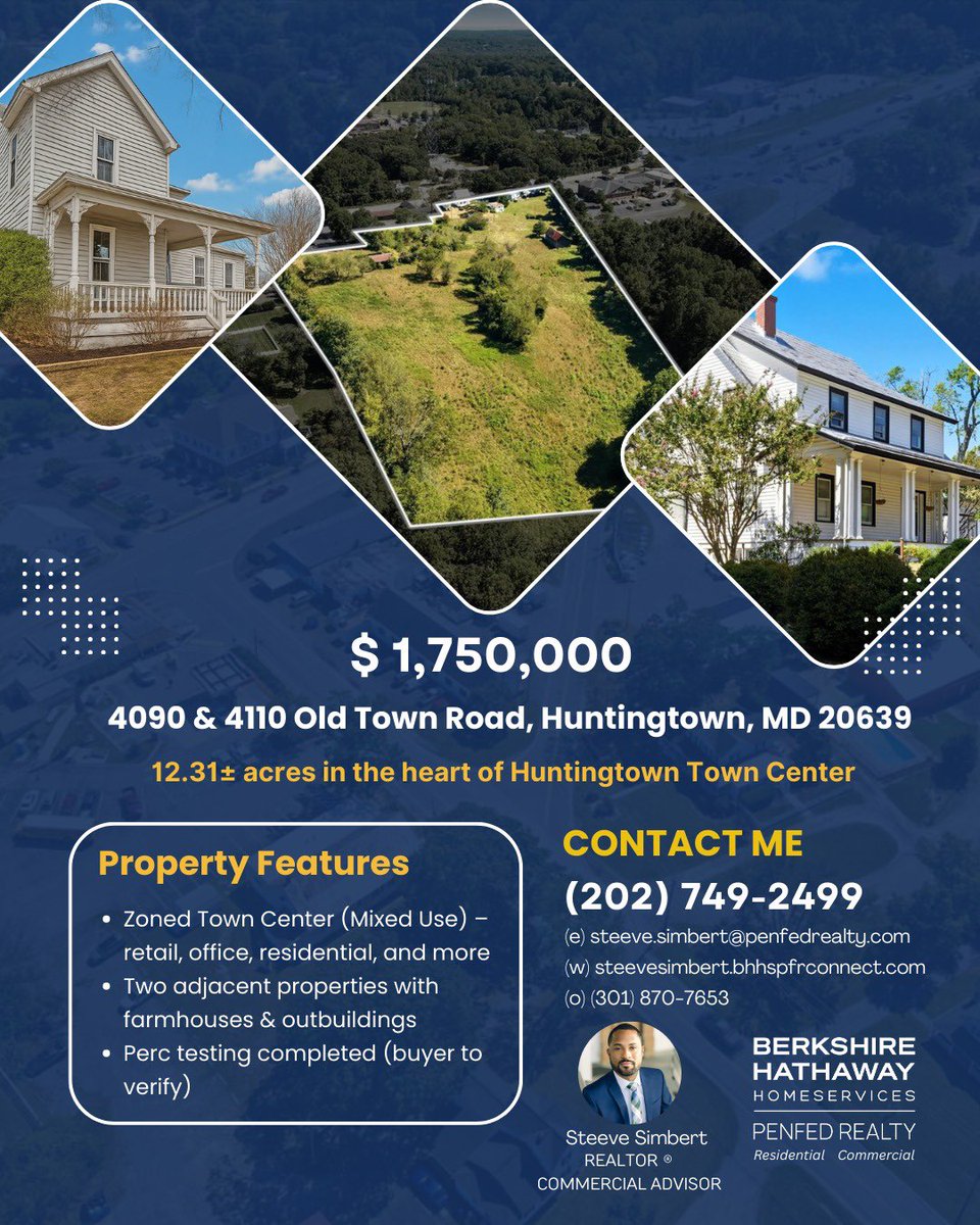 steevesimbert's tweet image. 4110 &amp;amp; 4090 Old Town Rd | Huntingtown, MD

Two adjacent mixed-use properties totaling 12.31± acres in Huntingtown Town Center. Existing homes, barns &amp;amp; open land with flexible TC (Mixed-Use) zoning. Perc testing completed.

Steeve Simbert | REALTOR® 
📞 202-749-2499 

#Maryland