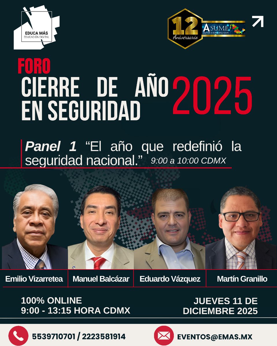 us06web.zoom.us/webinar/regist…

🚨 Presentamos a los ponentes del Panel 1 del Foro: Cierre de año en seguridad 2025
“El año que redefinió la seguridad nacional.”

🗓 11 de diciembre | ⏰ 9:00–13:15 h CDMX
🌐 100% online | Evento sin costo

<a href="/evizarretea/">Emilio Vizarretea</a> <a href="/ibavil/">Manuel Balcázar</a>