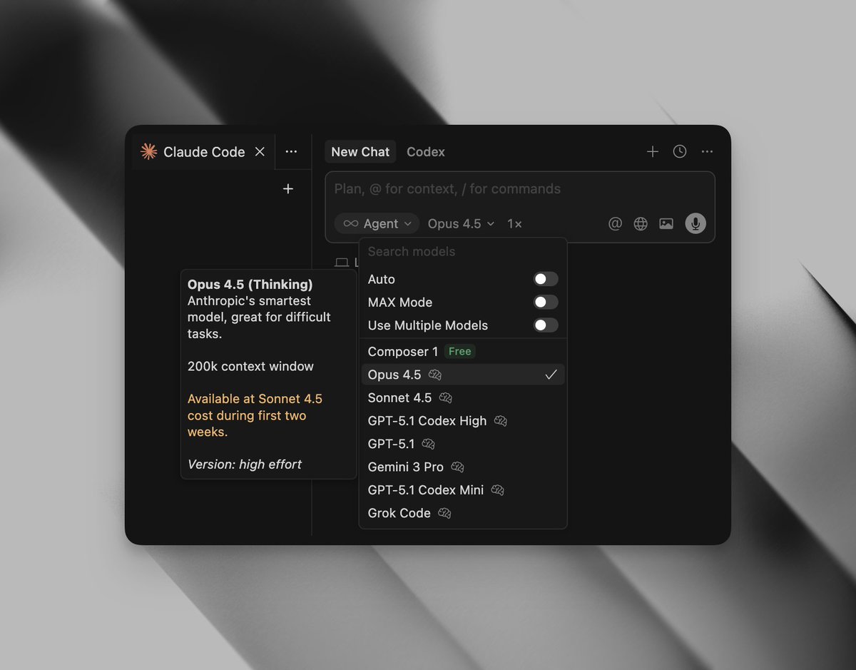 Cursor propose désormais Claude Opus 4.5 à un prix réduit, comparable à celui de Sonnet – une véritable aubaine !
Et il
