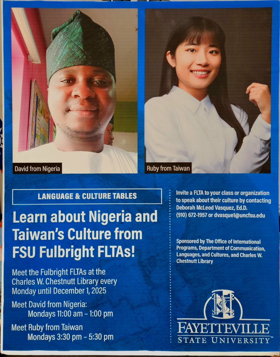 CharlesChesnutt's tweet image. Tomorrow is the final day this semester to visit FSU&apos;s Fulbright FLTAs in the library!
#uncfsu #chesnuttlibrary #fayettevillestatebroncos #charleswchesnuttlibrary #fayettevillestateuniversity #fayettevillestate #loveyourlibrary #BroncoPride
