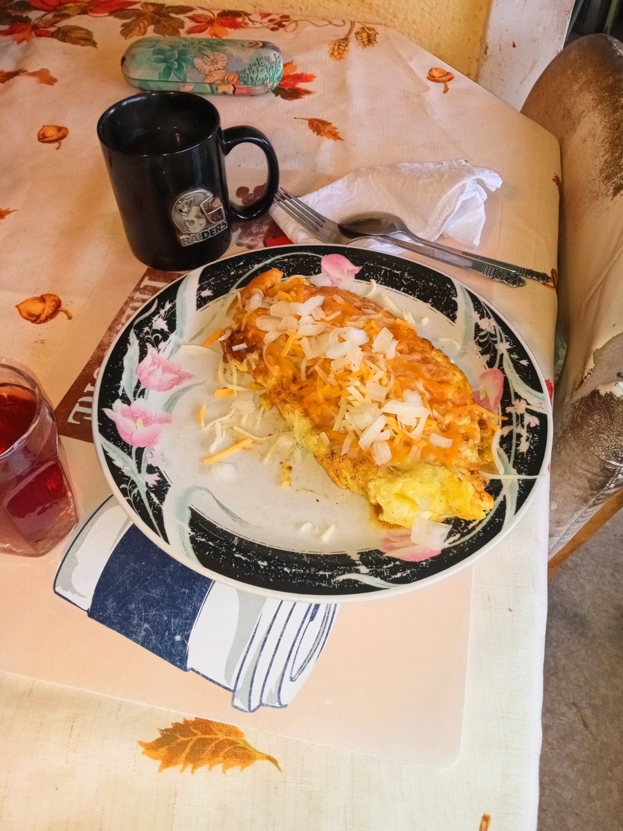 BrooksideRaider's tweet image. Sunday breakfast. An omelet with my chili, onions &amp;amp; cheese inside with extra onions &amp;amp; cheese on top. Sunday supper. A perfectly cooked medium rare rib steak, breaded mushrooms &amp;amp; a ricotta cake. Not too bad for Tina's Sunday birthday meals.