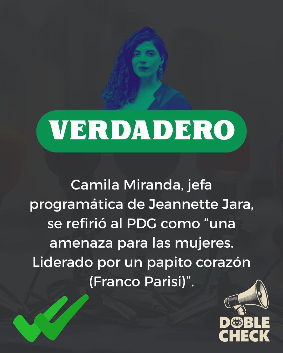 DobleCheckcl's tweet image. ✅VERDADERO: La jefa programática de Jeannette Jara, Camila Miranda, se refirió al Partido de la Gente como “una amenaza para las mujeres. Liderado por un papito corazón (Franco Parisi).

#DobleCheck