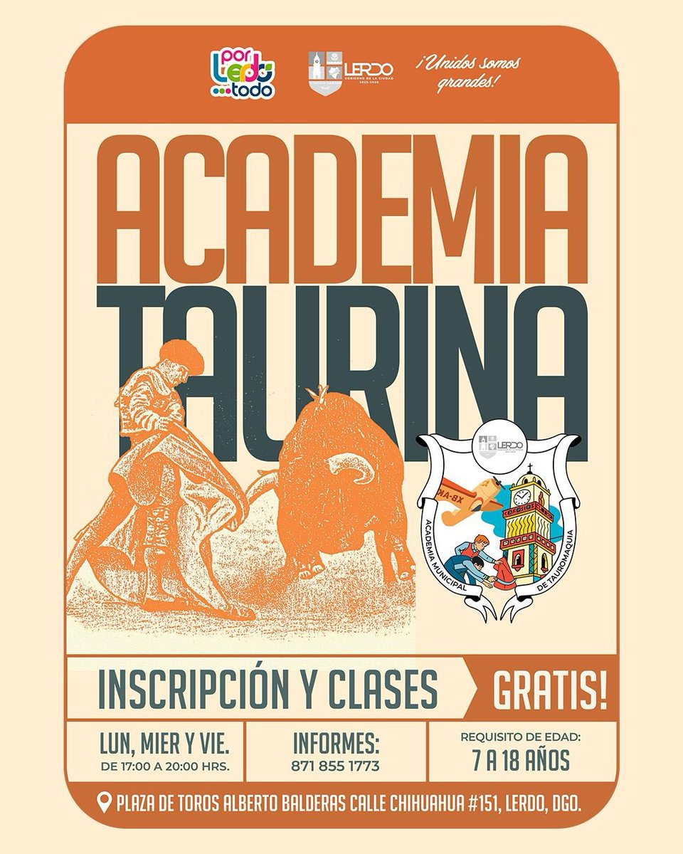 Academia Taurina en Lerdo, Durango 🐂

Clases e inscripciones son gratuitas.

Clases los Lunes, Miércoles y Viernes de 5pm a 8pm en la Plaza de Toros Lerdo.

Informes al 8718551773