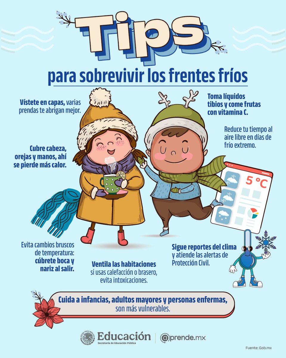 Los frentes fríos ya están aquí. ❄️

Abrígate, cuídate y sigue estos tips para mantenerte protegido durante las bajas temperaturas.

👀 No olvides cuidar también a quienes más lo necesitan.