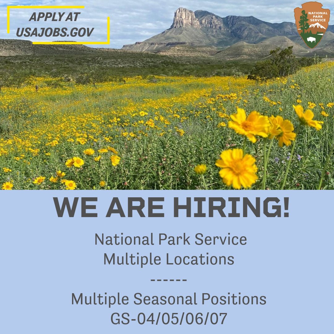 Many park locations are hiring for summer 2026 for multiple seasonal positions. See links below for more details:

Park Ranger (P) usajobs.gov/job/850784200
Park Ranger (I) usajobs.gov/job/850784500
Park Guide usajobs.gov/job/850784800
Rec Fee Clerk &amp; Tech - usajobs.gov/job/850785000
