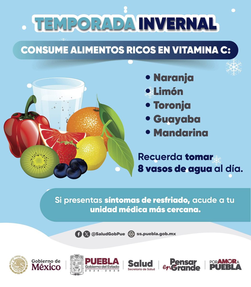 SICOMAmozoc's tweet image. #SICOMAmozoc | Cuida tu salud en esta temporada invernal. ❄️
La @SaludGobPue  recomienda consumir alimentos en Vitamina “C” 🍊 y mantenerse hidratado, para evitar enfermedades respiratorias.
En caso de presentar síntomas, acuda a su unidad médica cercana. 🏥
#SICOMRegionales