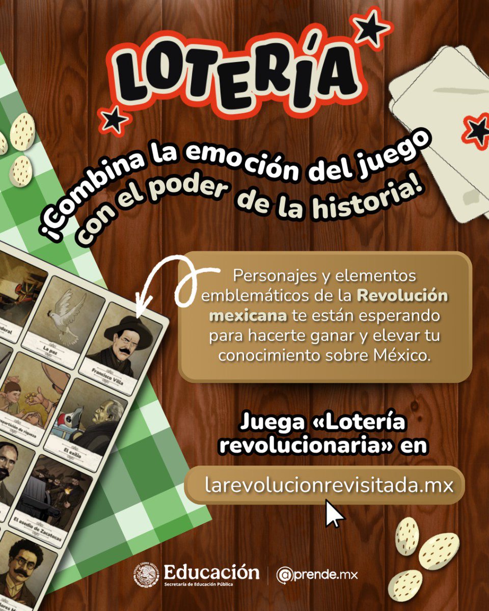 🤔🇲🇽 ¿Qué tanto sabes de la #RevoluciónMexicana?
Es momento de demostrarlo.

Pon a prueba tu suerte y tu memoria histórica con la Lotería Revolucionaria. 🎲🧩

Entre datos, personajes y momentos clave… ¡verás qué tanto recuerdas!

Juega y #Aprende en larevolucionrevisitada.mx ✨