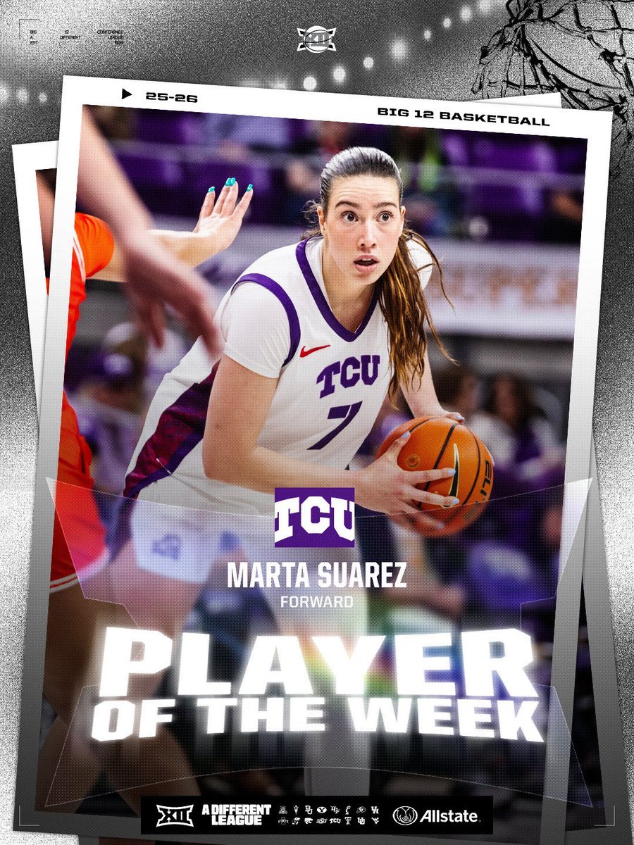 Marta Suarez wins Big 12 WBB POTW.

The TCU F averaged 22 points, 10 rebounds, and 4.5 assists over two games.