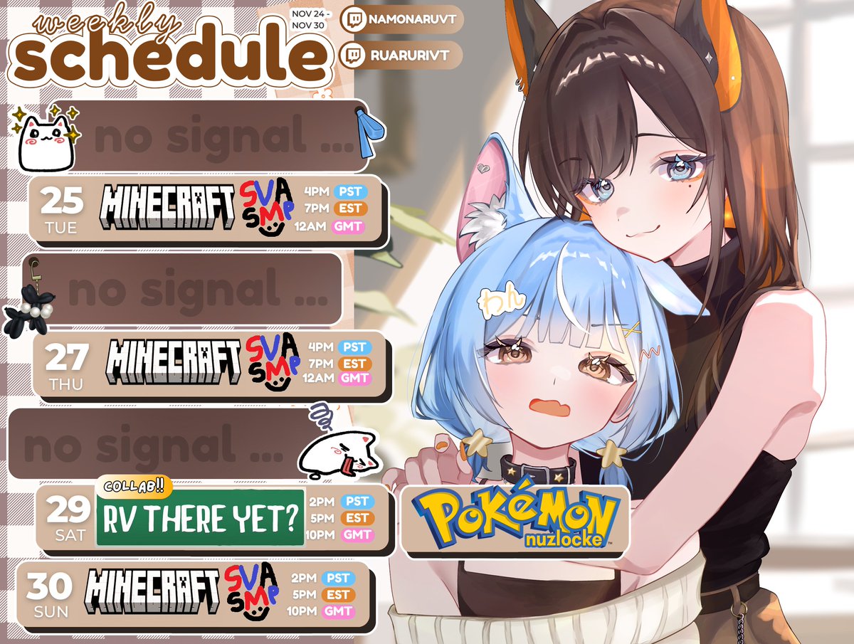 NanaruruVT's tweet image. ⋆⁺₊🐶📡WEEKLY SCHEDULE【11/24 → 11/30】

PREPARE YOUR CHEEKS FOR SO MUCH MINECRAFT WITH ONE SOCK OFF!
------------------------------------------
🎥Clips → #puppoclips
✏️Art → #naruoodle
🐶🐶General → #nanaruruvt