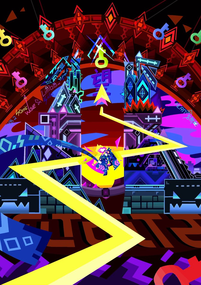 NamelessHLRN's tweet image. Oh i forgot.
Also HB 2 Kyouki/Sonic Wave/Limbo.
I draw three levels in one pic.

 #GeometryDash