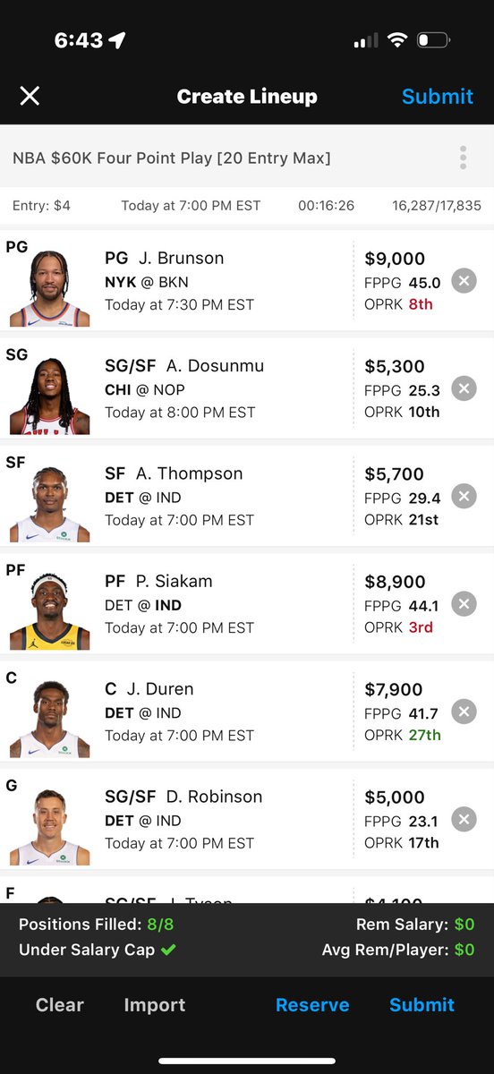 11-24 #NBA #DFS #Fantasy #DraftKings main slate lineup 2