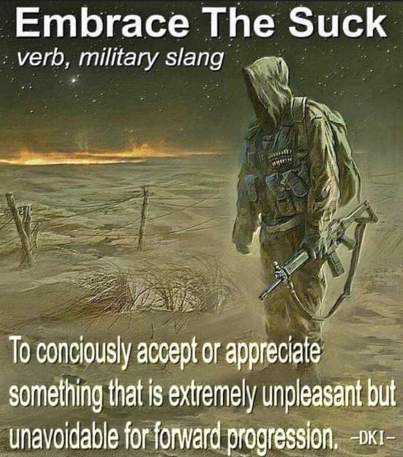 The military has a term for dealing with the slog...and yes, this has definitely been one helluva grind.

It's called 'Embrace the Suck'.

We'll see this through because we HAVE to.  Don't like it?  Doesn't matter.  It is exactly what it is, and throwing fits or complaining not