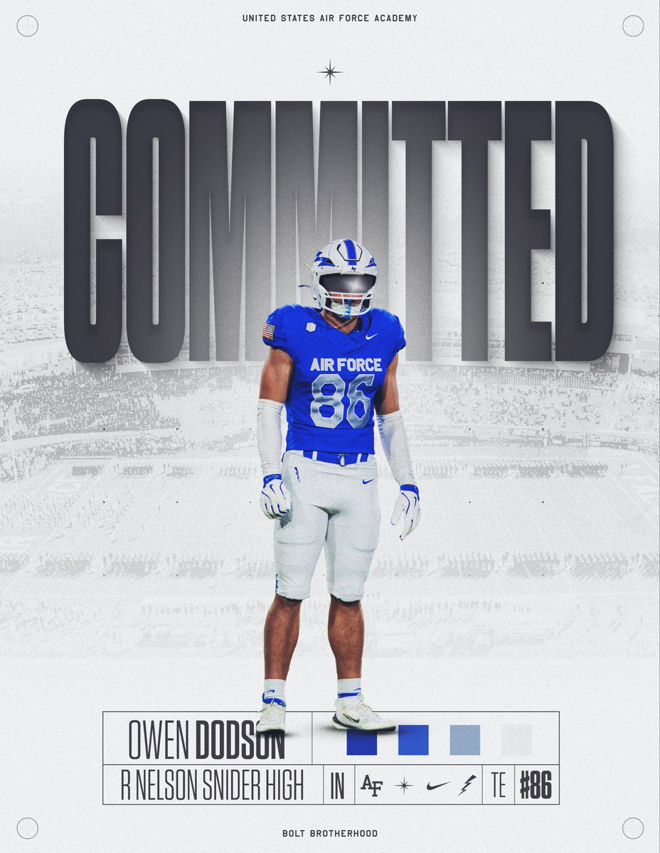 After an Amazing visit this past weekend, I am excited to announce that I have committed to the United States Air Force Academy!  Special thank you to <a href="/CoachTCalhoun/">Troy Calhoun</a>, <a href="/Brian_Knorr/">Brian Knorr</a> , <a href="/Coach_Thiessen/">Mike Thiessen</a>, <a href="/MarcBacote/">Marc Bacote</a> and <a href="/CoachLobotzke/">Steed Lobotzke</a>.  I am so excited to join the #boltbrotherhood.