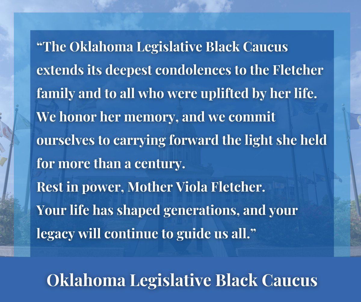OklaHouseDems's tweet image. House Democratic Leader Cyndi Munson, D-Oklahoma City, and members of the Oklahoma Legislative Black Caucus released statements after the passing of the oldest known survivor of the Tulsa Race Massacre Viola Fletcher at 111.

Read more: okhouse.gov/posts/news2025…