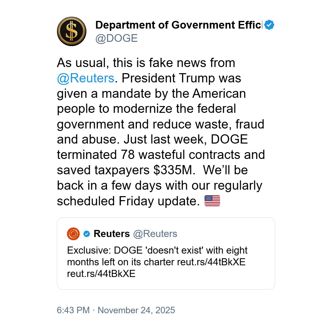 EricLDaugh's tweet image. 🚨BREAKING: The Department of Government Efficiency just CONFIRMED the Reuters report that DOGE disbanded is &quot;fake news&quot;

KNEW IT FROM THE START! This was an attempt to demoralize MAGA.

&quot;Just last week, DOGE terminated 78 wasteful contracts and saved taxpayers $335M.  We’ll be…