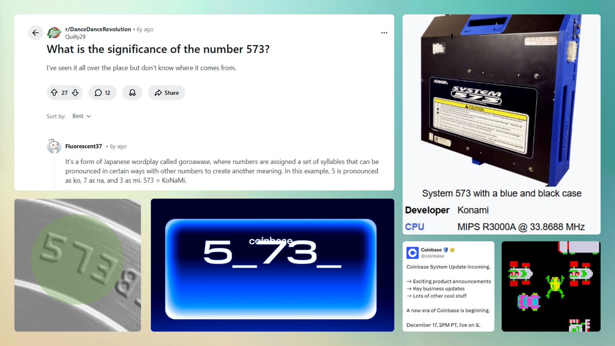 Oh wow.. this is a great find from <a href="/beeboopx/">beeboop</a> and the rest of the $TIBBIR autists 🔥

573 keeps showing up across <a href="/RibbitCapital/">Ribbit Capital</a> and $TIBBIR related content.. 

The number was also snuck into <a href="/coinbase/">Coinbase 🛡️</a> recent December 17 system update announcement tease

5 - ko
7 - na
3 - mi

-