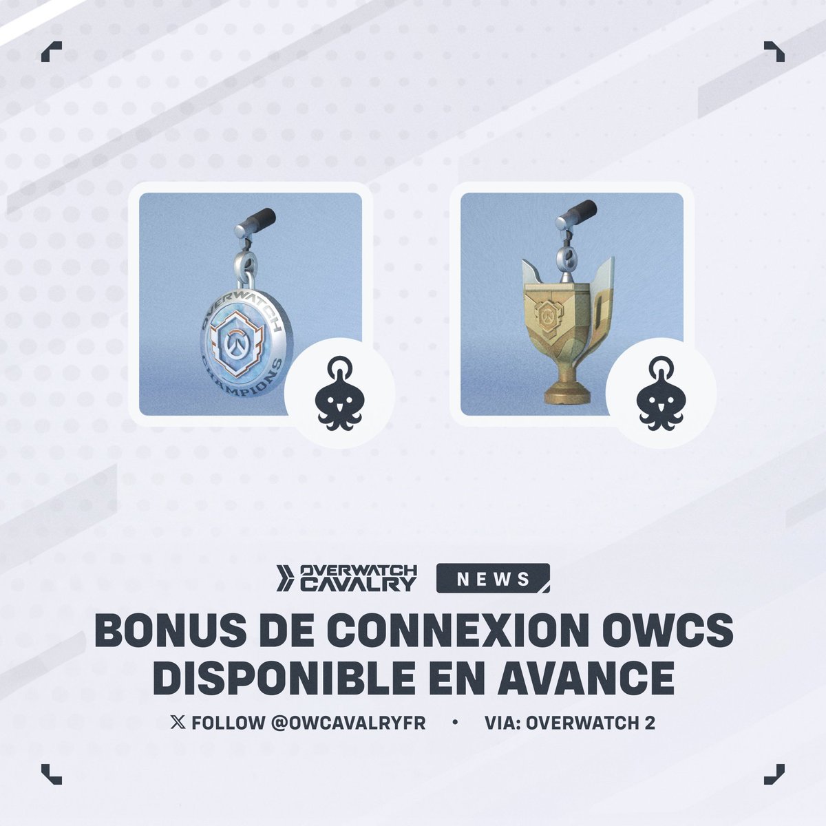OWCavalryFR's tweet image. Bonus de connexion OWCS disponible sur #Overwatch2 🏆

Les récompenses en jeu pour la Grande Finale #OWCS sont disponibles plus tôt que prévu. Connectez-vous pour récupérer les charmes d’arme &quot;Trophée de l’OWCS&quot; et &quot;Prestige du Championnat&quot;.

🗓️ De MAINTENANT au 30 novembre