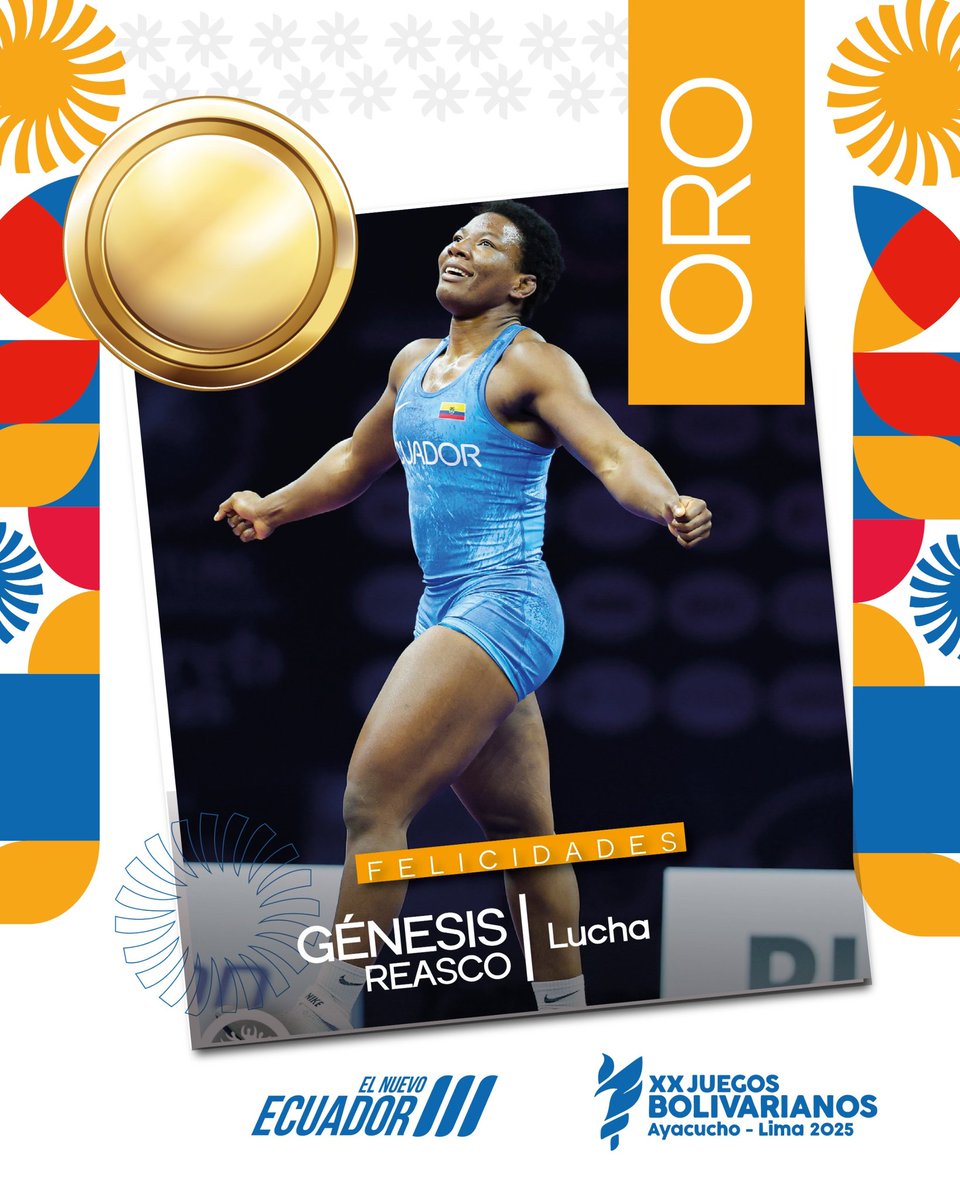 DeporteEc's tweet photo. Seguimos cosechando oro en los #JuegosBolivarianos2025, esta vez la luchadora Génesis Reascos🤼, obtiene la presea dorada al vencer 10-0 a la colombiana Tatiana Rentería y con ello darle una alegría más al país. 

#ElNuevoEcuador🇪🇨 https://t.co/2uZ3GIBCyk