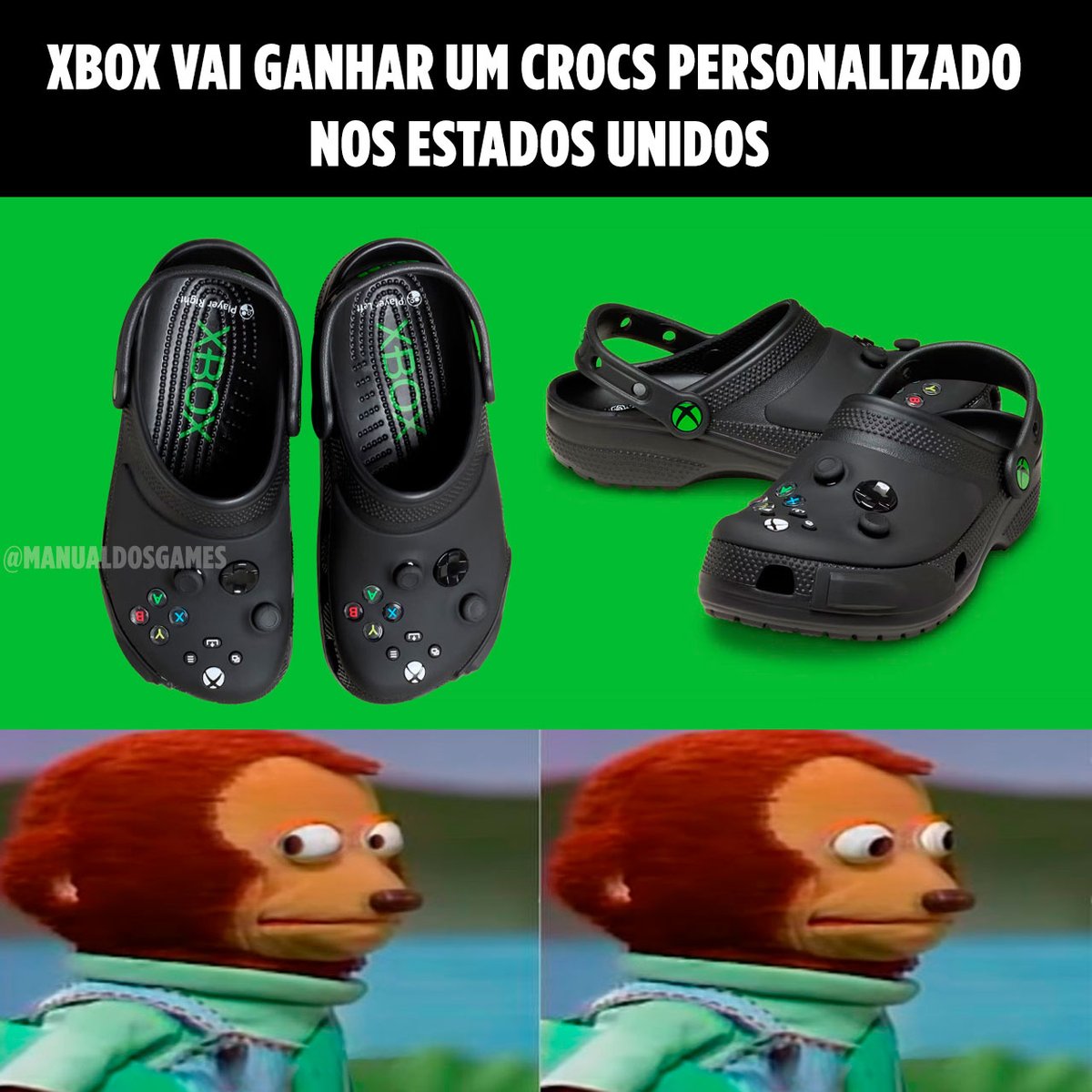 ManualdosGames_'s tweet image. E aí, você teria coragem de usar esse Crocs personalizado do Xbox?