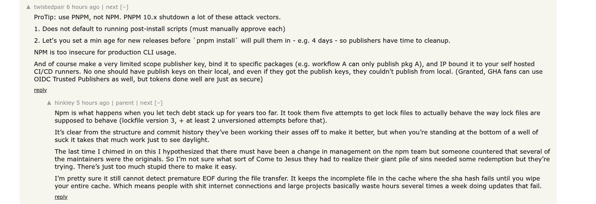 Mike_Preston17's tweet image. &amp;gt;300 #NPM packages infected, huh?  Why am I not surprised?

I&apos;m starting to think #OSS is just a way for companies to put their unfinished projects and tech debt out there in the hopes someone will fix it for free.

news.ycombinator.com/item?id=460325…
