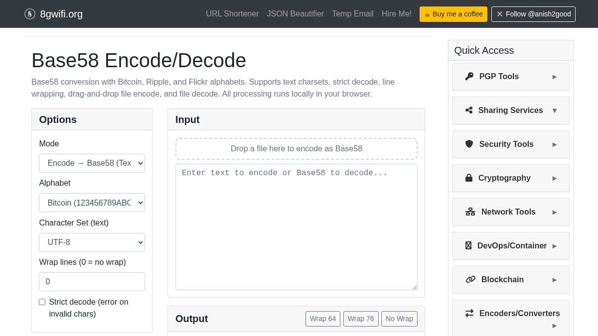 anish2good's tweet image. Encode or decode Base58 for Bitcoin, Ripple, or Flickr directly in your browser. Simplify your data formatting tasks today! Try it: 8gwifi.org/Base58Function… #Encoding #DataFormats 🖥️