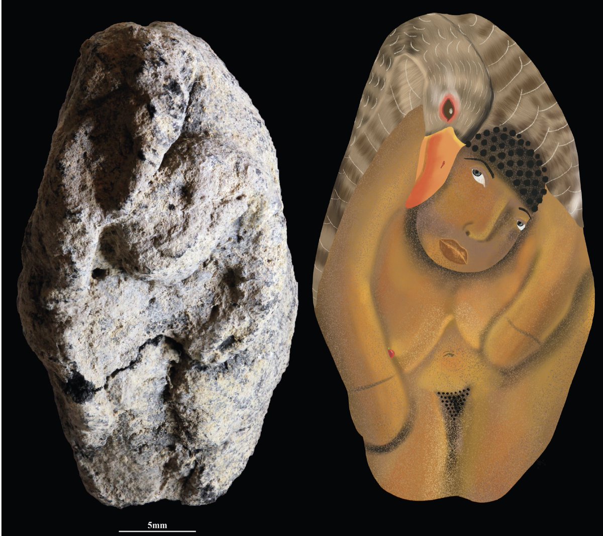 A 12,000-year-old clay figurine from an archeological site in northern Israel depicts a woman and a goose in a mythological scene that hints at an animistic belief system. Depictions of human–animal interactions in Paleolithic artwork are rare. In PNAS: ow.ly/osMi50Xx2E7