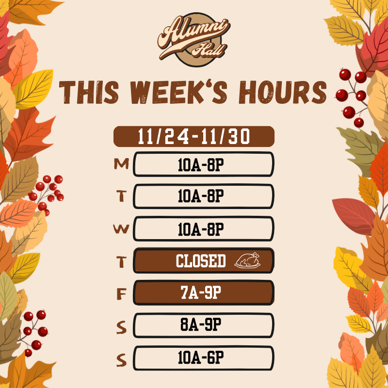 AlumniHallMTSU's tweet photo. Thanksgiving week hours 🦃 Come in and stock up on new gear!
https://t.co/Jd8UBKZaDH https://t.co/OuDQ4AWiqs