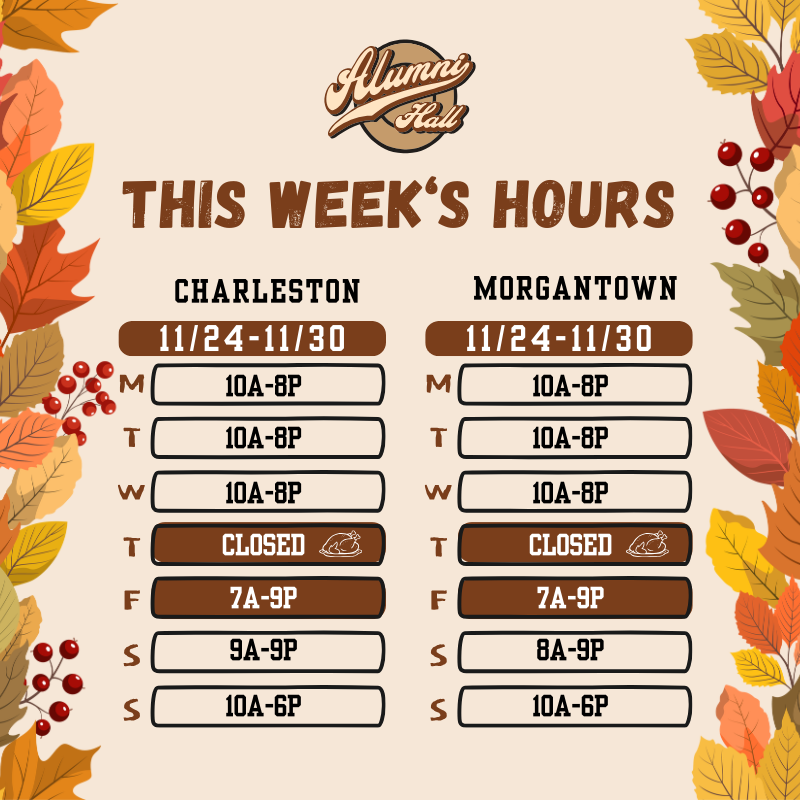 Thanksgiving week hours 🦃 Come in and stock up on new gear!
alumnihall.com/west-virginia-…