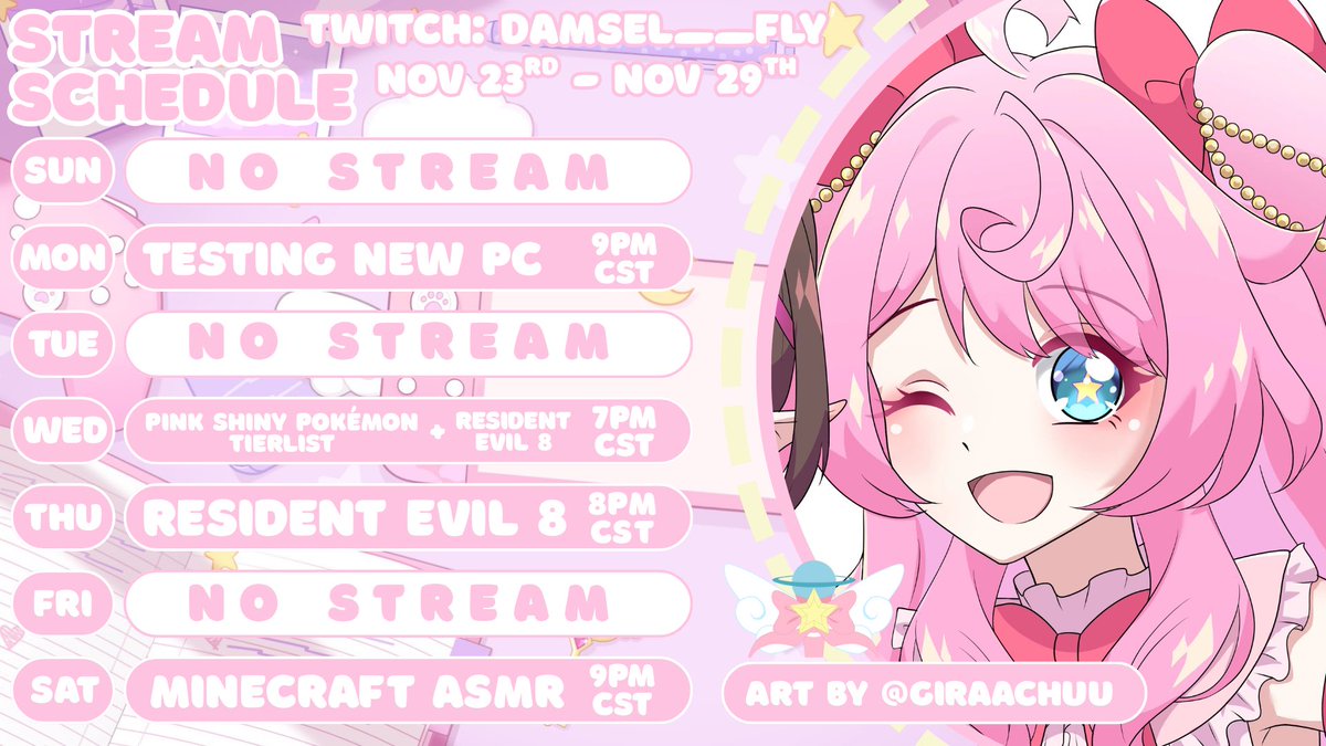 Here is the schedule for the rest of the week! Thank you all for allowing me to take time this weekend, I really wanted to make sure everything was good to go with the new PC!

Tonight’s stream will be a test stream so if you wanna help a girl out with her new tech, come join us!