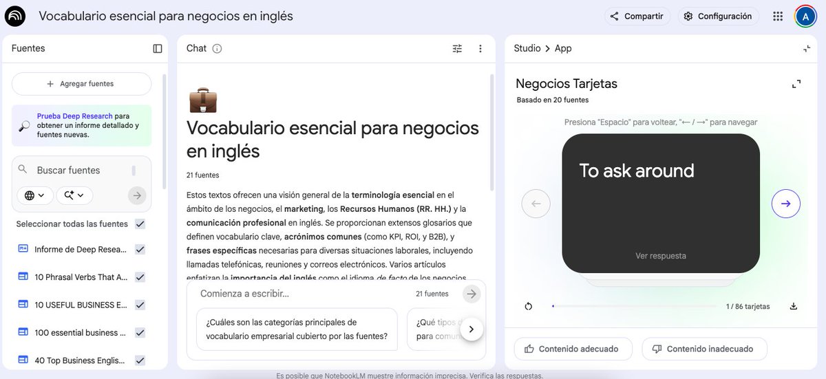 googleespanol's tweet image. Lleva tu aprendizaje de Inglés al siguiente nivel con @NotebookLM

🎧Escucha audios que te enseñan palabras y frases
📝Crea tus propias tarjetas con vocabulario
❓Haz cuestionarios interactivos para evaluar lo que aprendes

Todo en un mismo lugar 🙌 → notebooklm.google.com