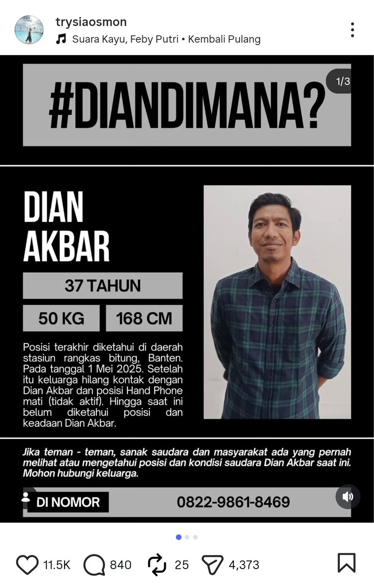 SeputarTetangga's tweet image. Dian Akbar
Hilang sejak 1 Mei 2025 dan masih belum ditemukan sampai sekarang
Kalau ada lihat beliau, tolong kabari keluarganya ya.