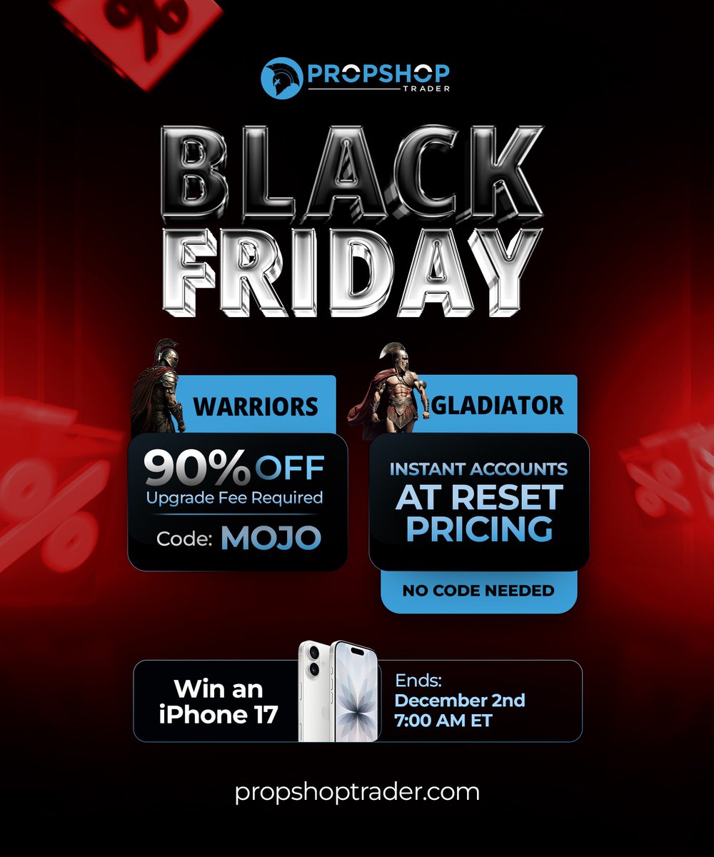 🌪️ <a href="/PropShopTrader/">PropShopTrader</a> #BlackFriday alert:
Warriors are 90% OFF (Code: MOJO) — lowest pricing ever released.
Gladiators? Instant Accounts at reset pricing ⚔️
Every purchase = iPhone 17 giveaway entry 📱

👉 tinyurl.com/724pst
Scale before it disappears.