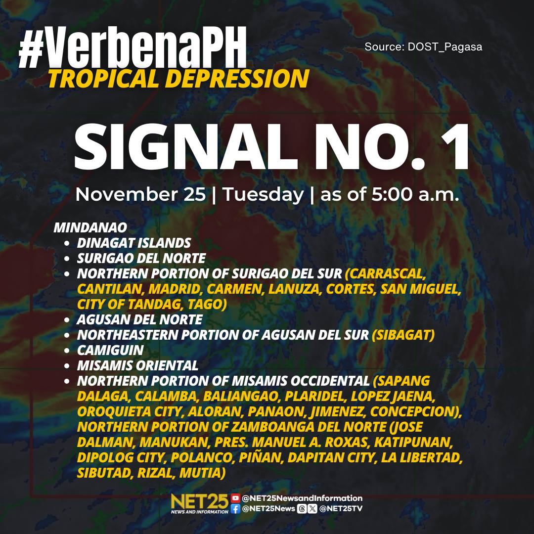 NET25TV's tweet image. WEATHER UPDATE: Nananatiling nakataas sa Signal No. 1 ang ilang lugar sa bansa dahil sa mga pag-ulan at hangin na dala ng Bagyong Verbena.

#NET25NewsandInformation #VerbenaPH #bagyo #rain